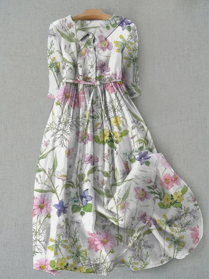 Women's Summer A-Line Lace-Up Waist Floral Dress