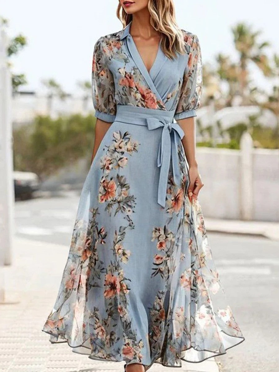 Bianca | Floral V-Neck Midi Dress for Elegant Comfort