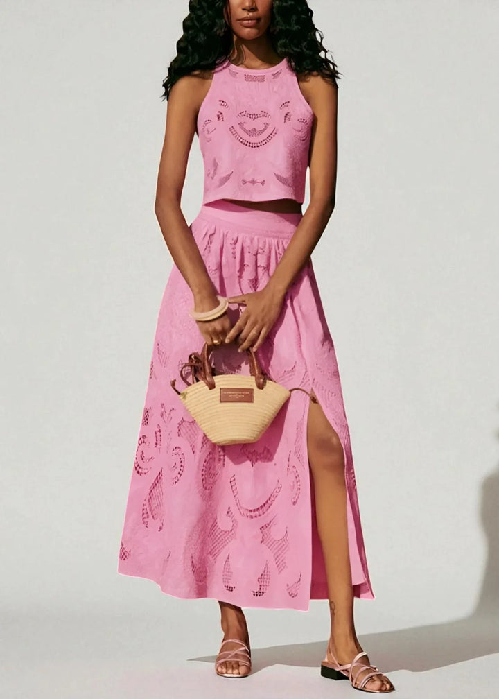 Women's sleeveless crop top and high-waisted lace skirt