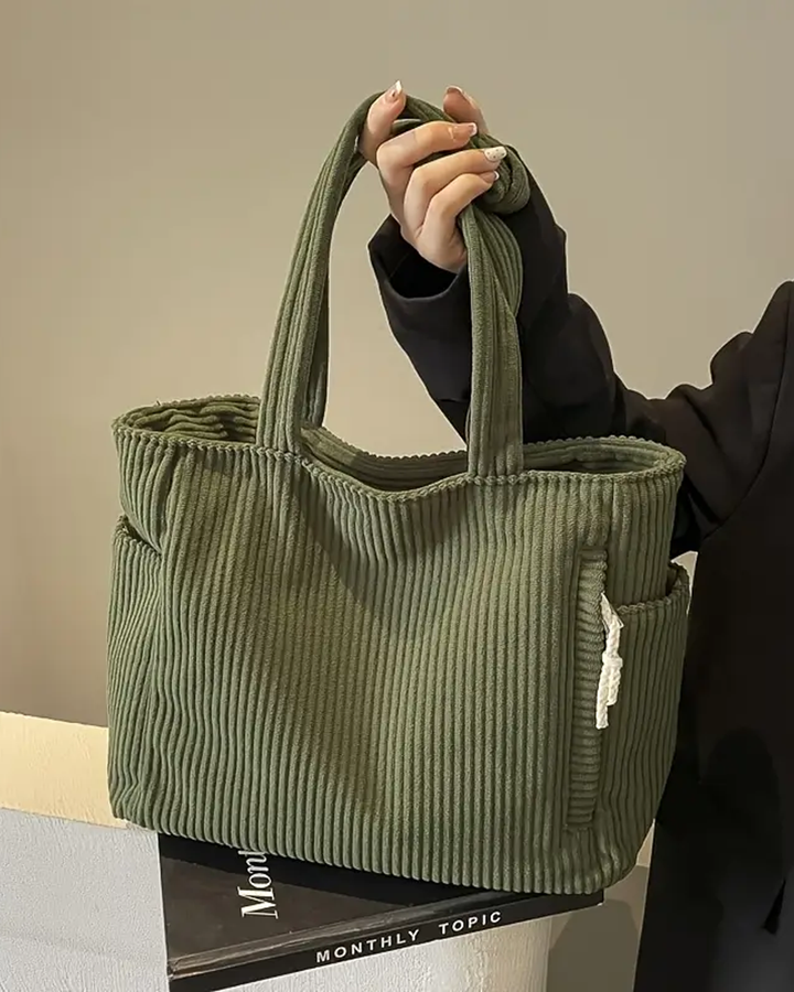 Women's Ribbed Tote Bag with Drawstring Detail