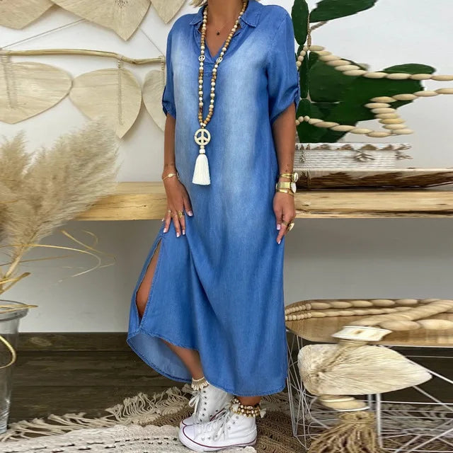 Women's long dress in denim look with side slit