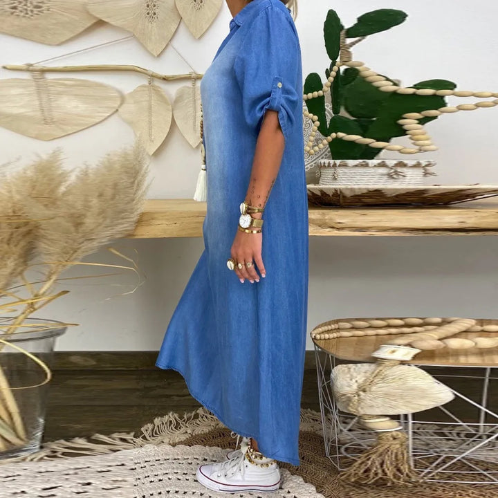 Women's long dress in denim look with side slit