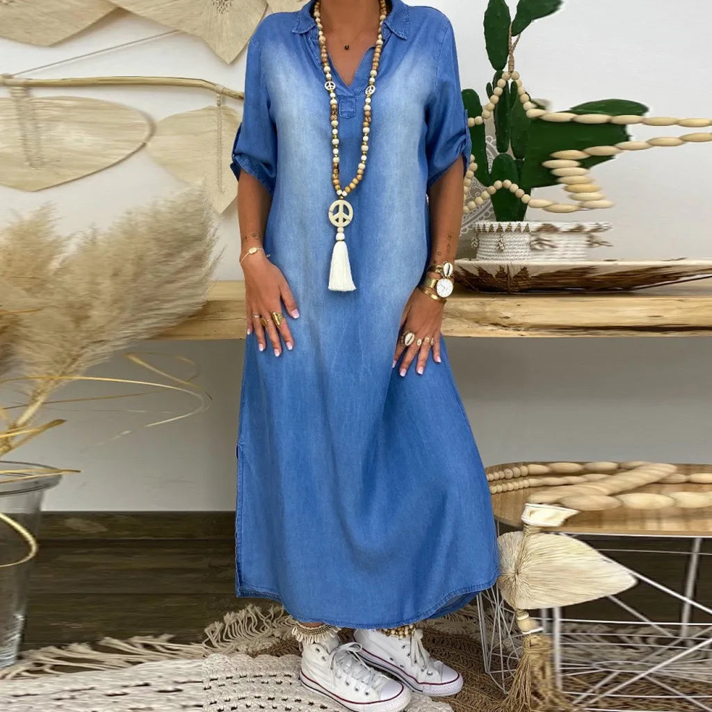 Women's long dress in denim look with side slit