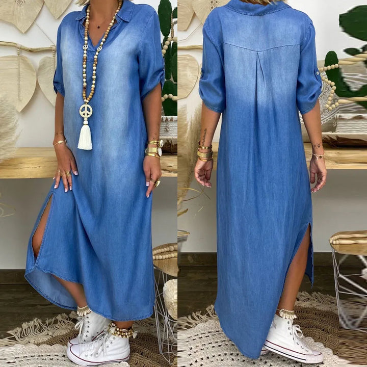Women's long dress in denim look with side slit