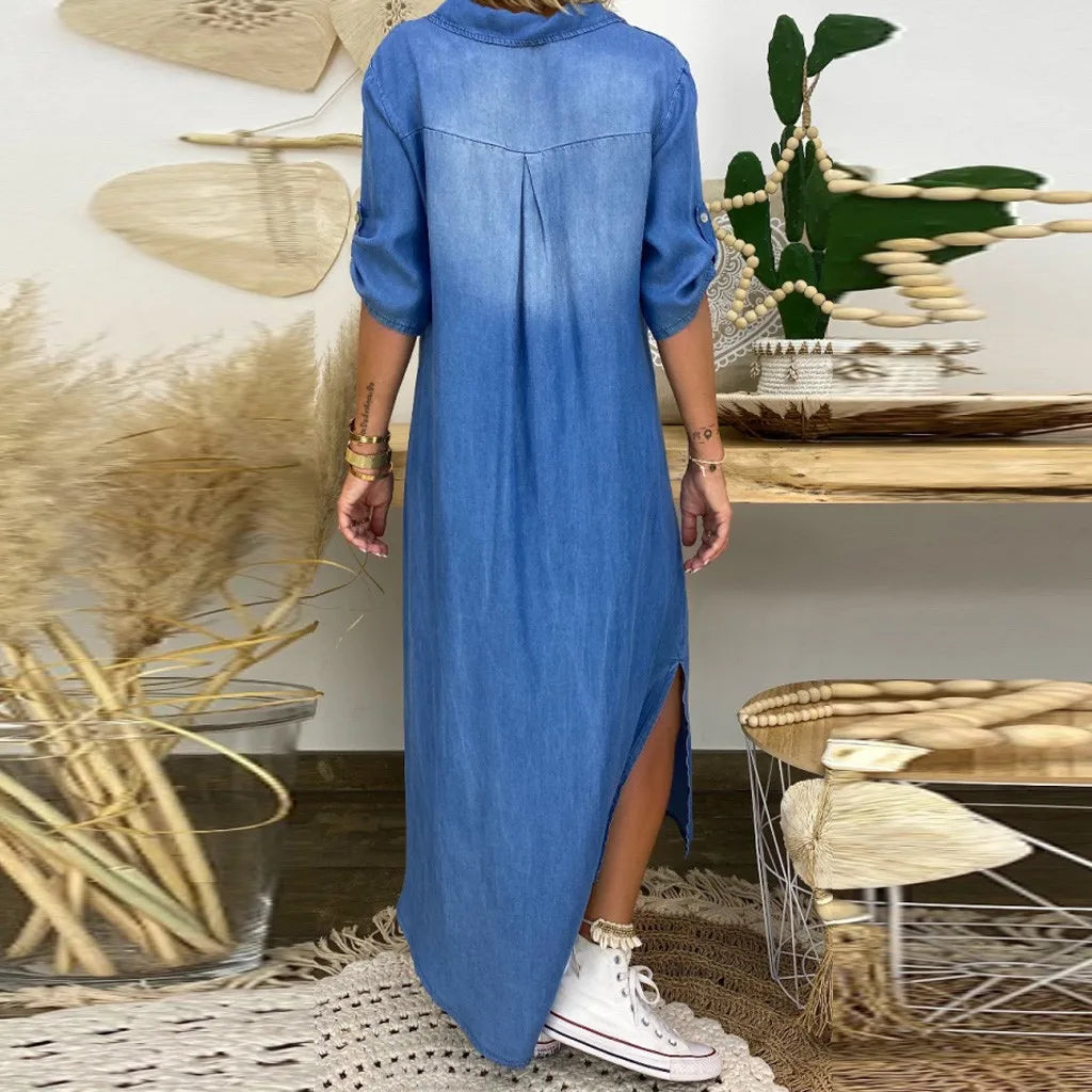 Women's long dress in denim look with side slit