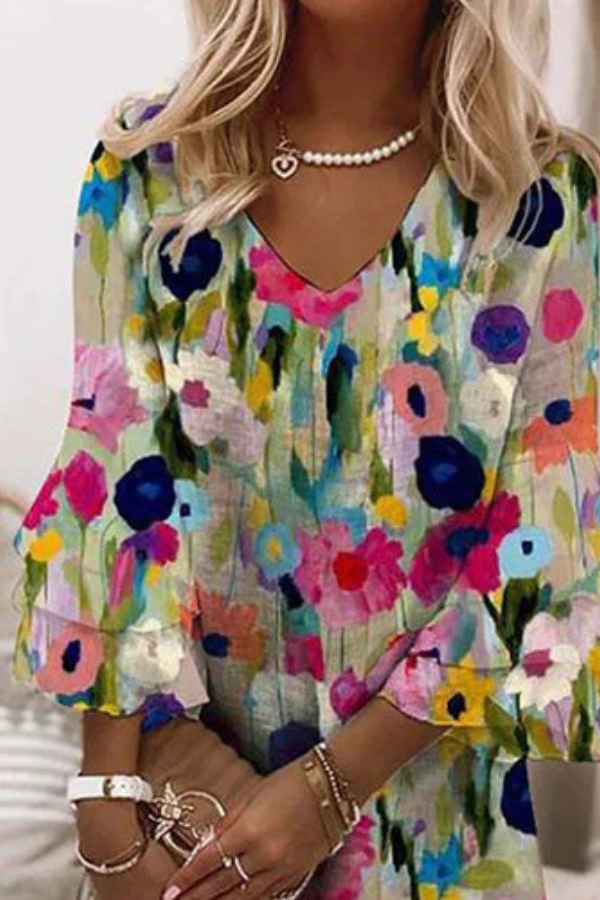 Layla | Romantic Floral Print V-Neck Mini Dress