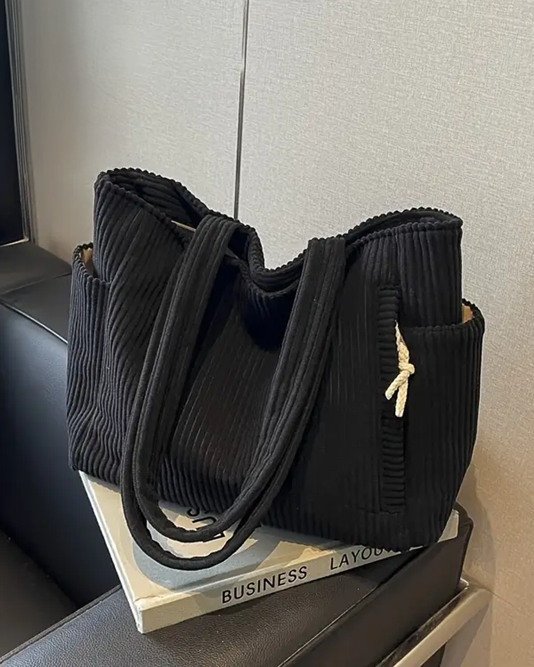 Women's Ribbed Tote Bag with Drawstring Detail