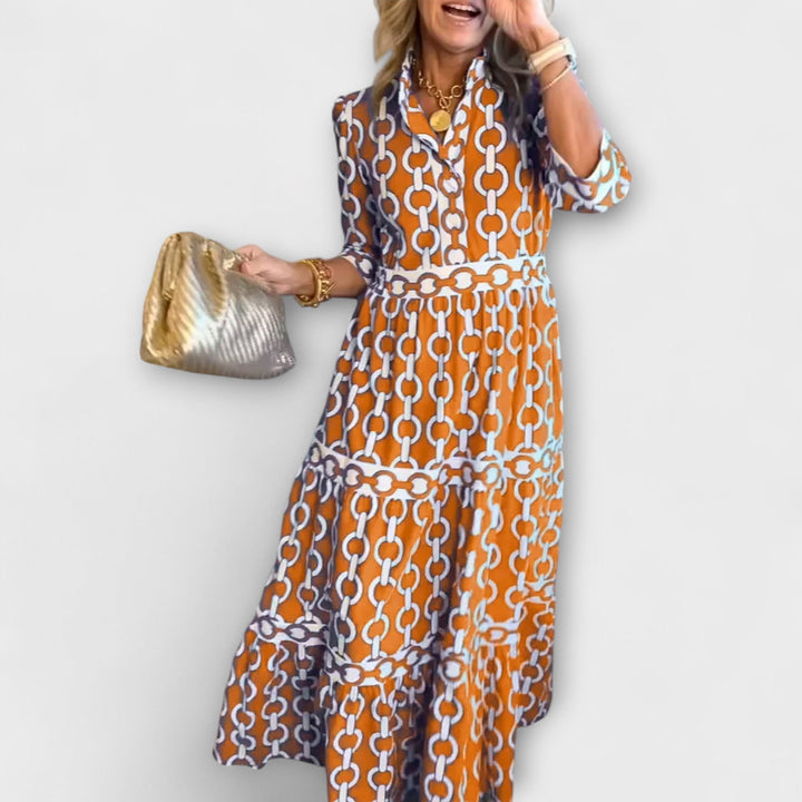 Women's Flowy Midi Dress with Elegant Collar