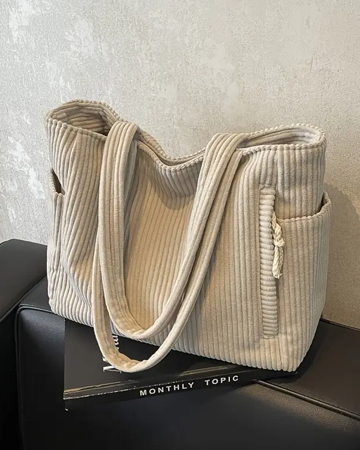Women's Ribbed Tote Bag with Drawstring Detail