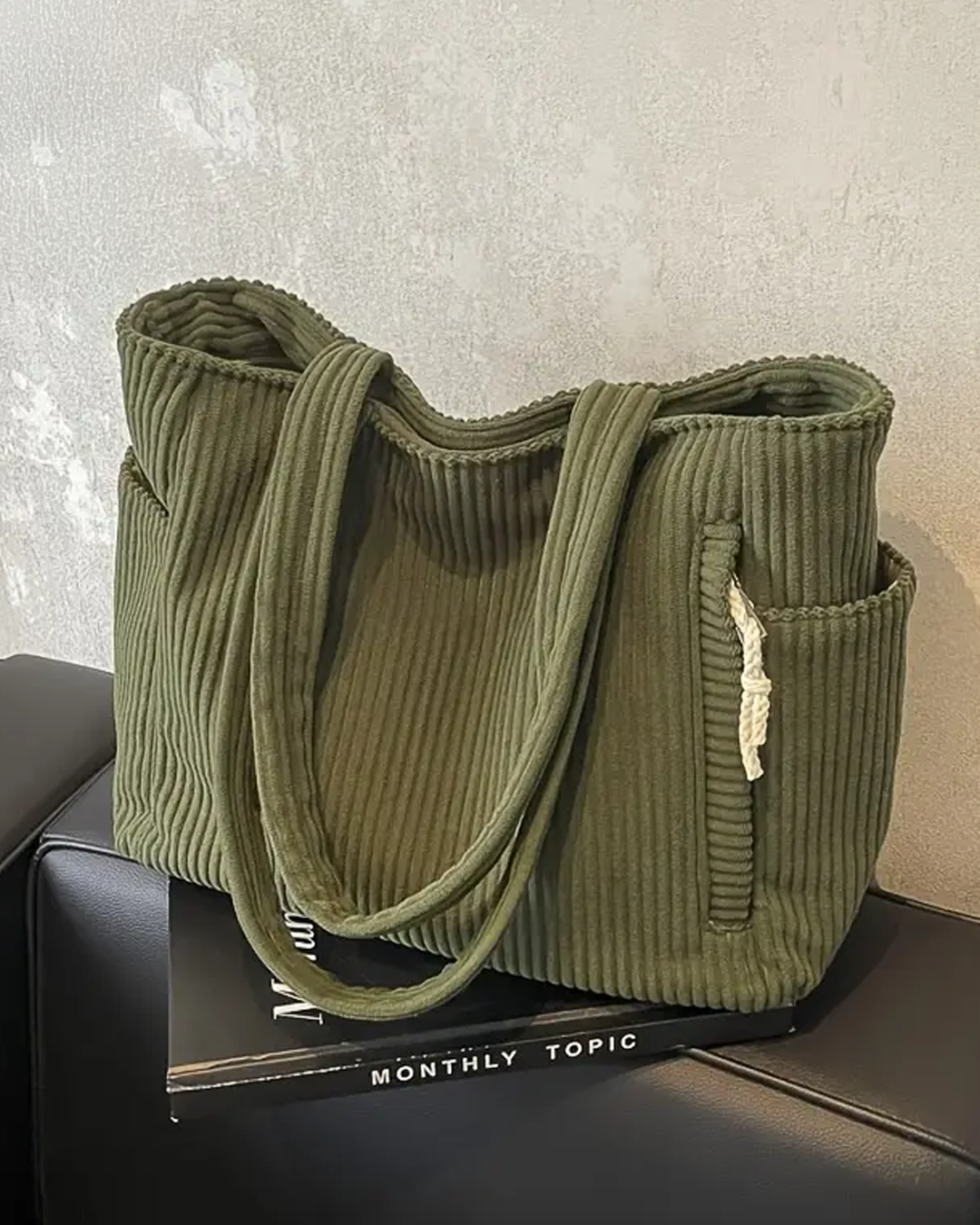 Women's Ribbed Tote Bag with Drawstring Detail