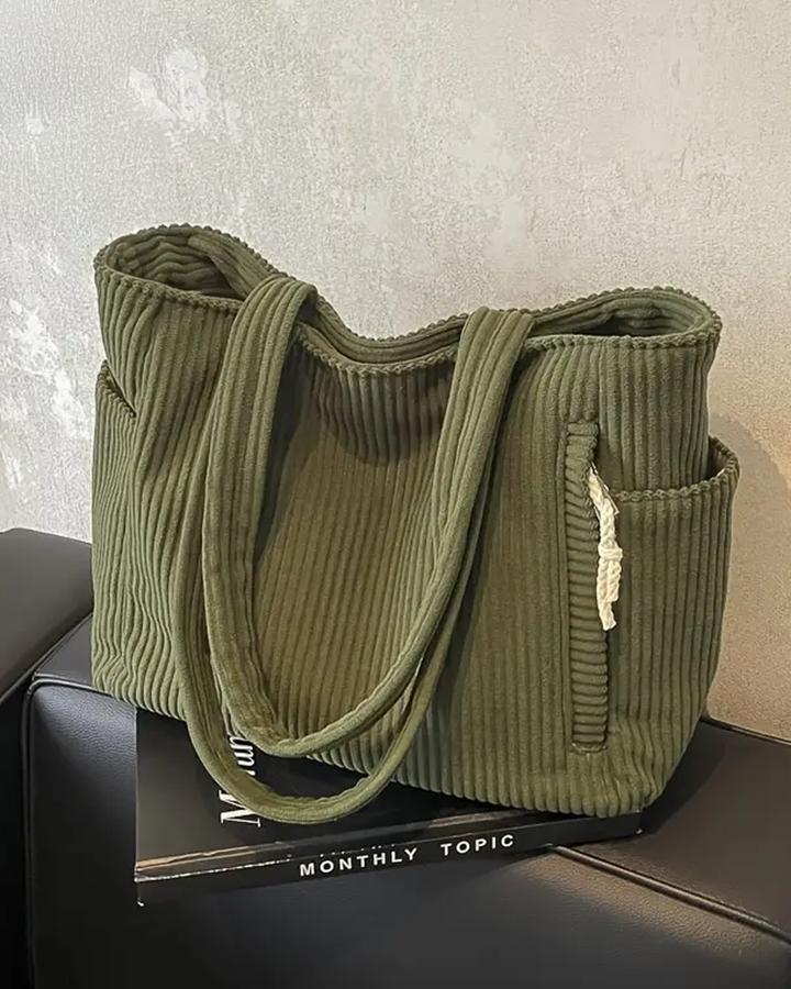 Women's Ribbed Tote Bag with Drawstring Detail