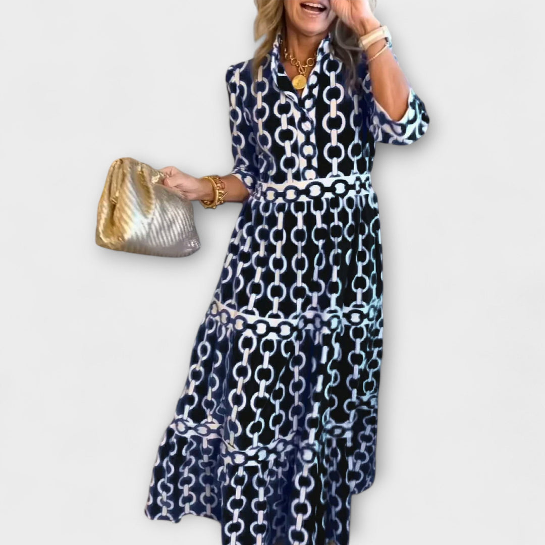 Women's Flowy Midi Dress with Elegant Collar