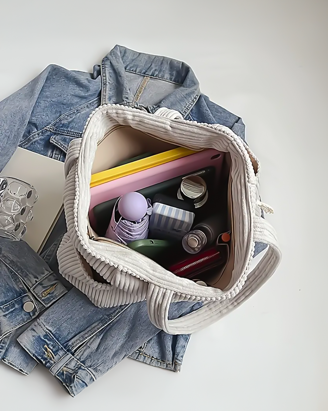 Women's Ribbed Tote Bag with Drawstring Detail