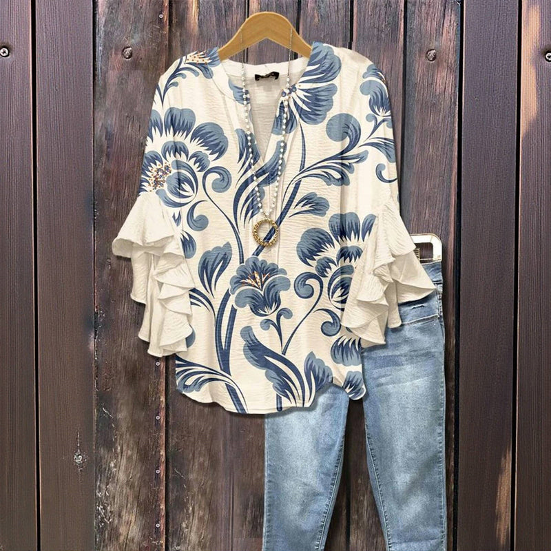 Women’s Elegant Blouse with Retro Floral Pattern