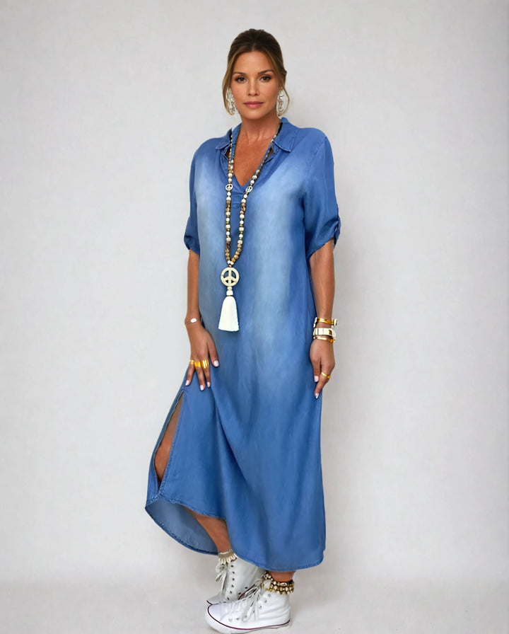 Women's long dress in denim look with side slit