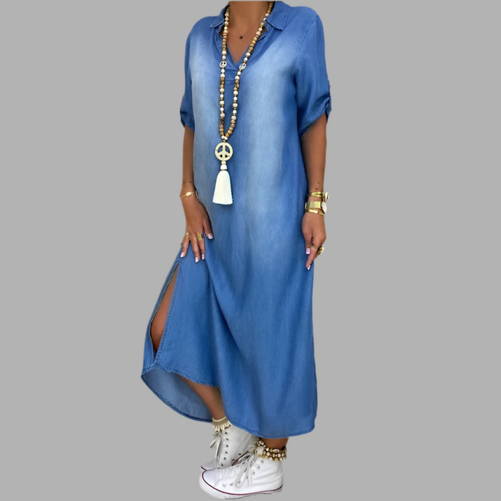 Women's long dress in denim look with side slit
