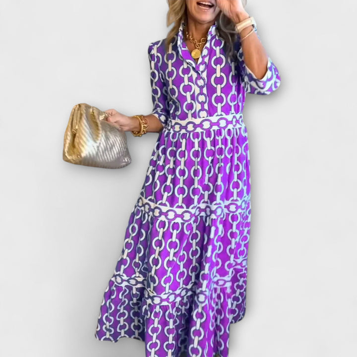 Women's Flowy Midi Dress with Elegant Collar
