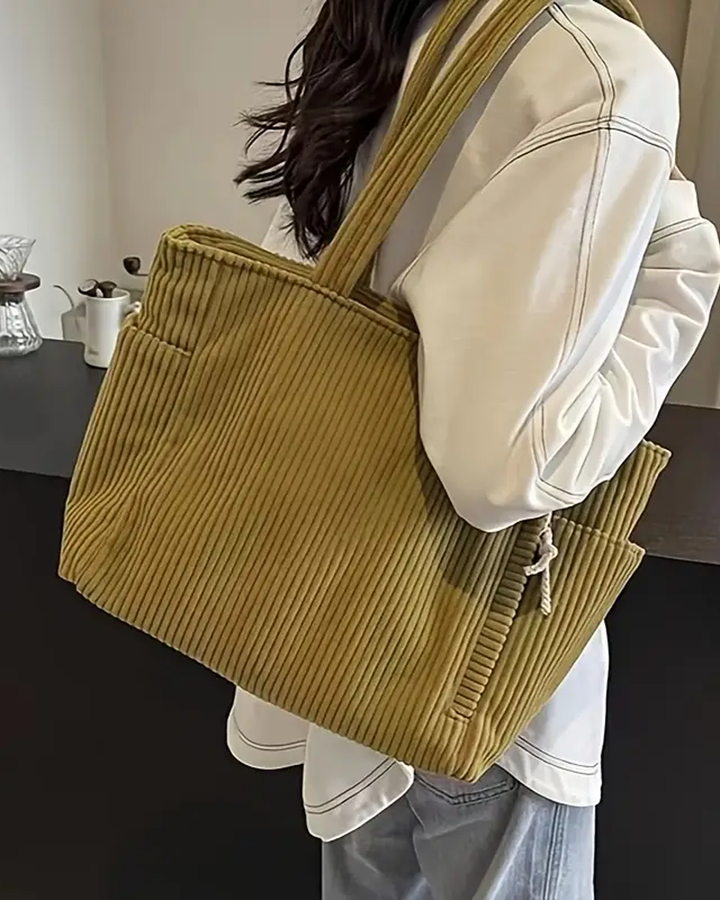 Women's Ribbed Tote Bag with Drawstring Detail