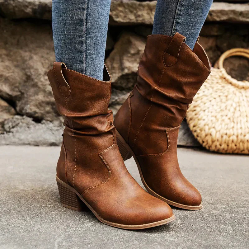 Women's Stylish Slip-On Cowboy Boots with Low Heel