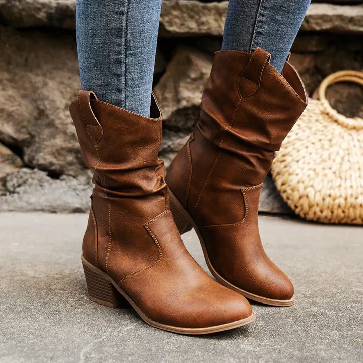 Women's Stylish Slip-On Cowboy Boots with Low Heel