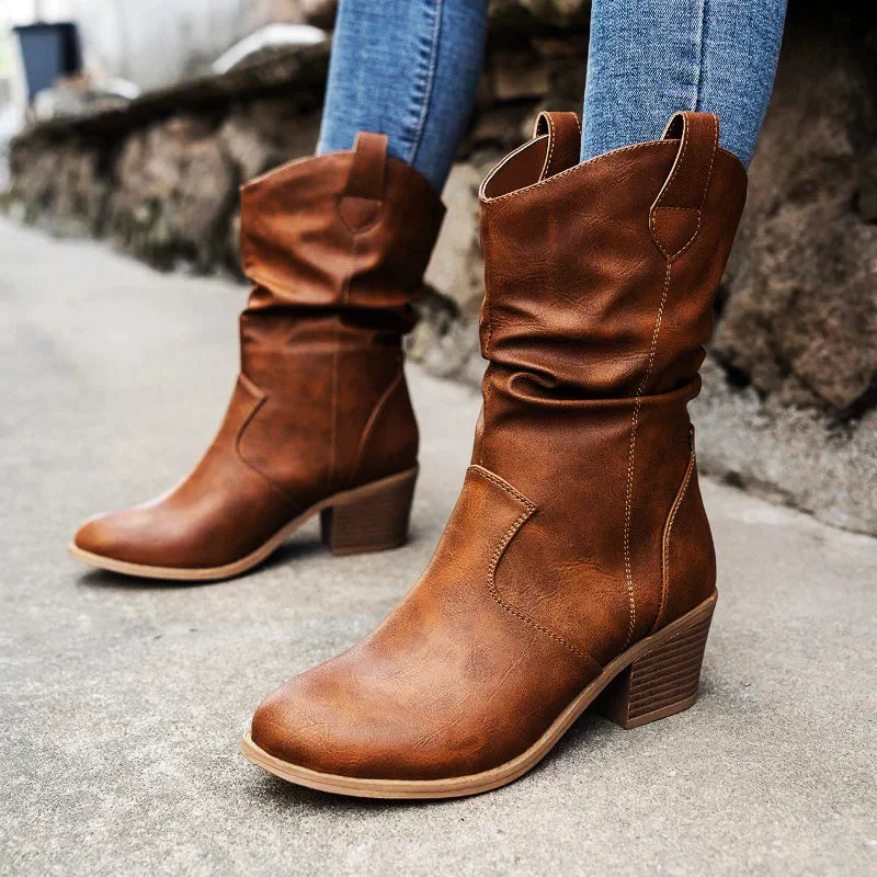 Women's Stylish Slip-On Cowboy Boots with Low Heel