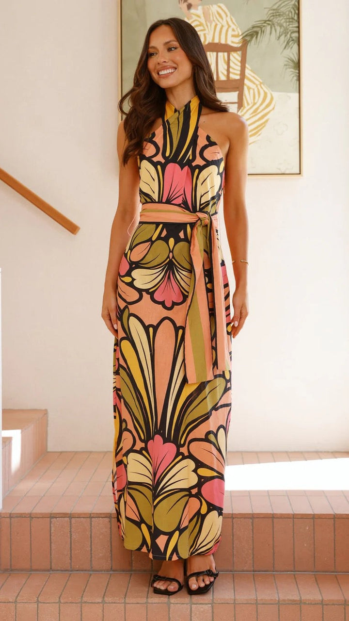 Nicole | Floral Halter Neck Sleeveless Maxi Dress
