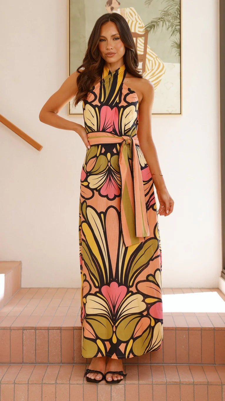 Nicole | Floral Halter Neck Sleeveless Maxi Dress