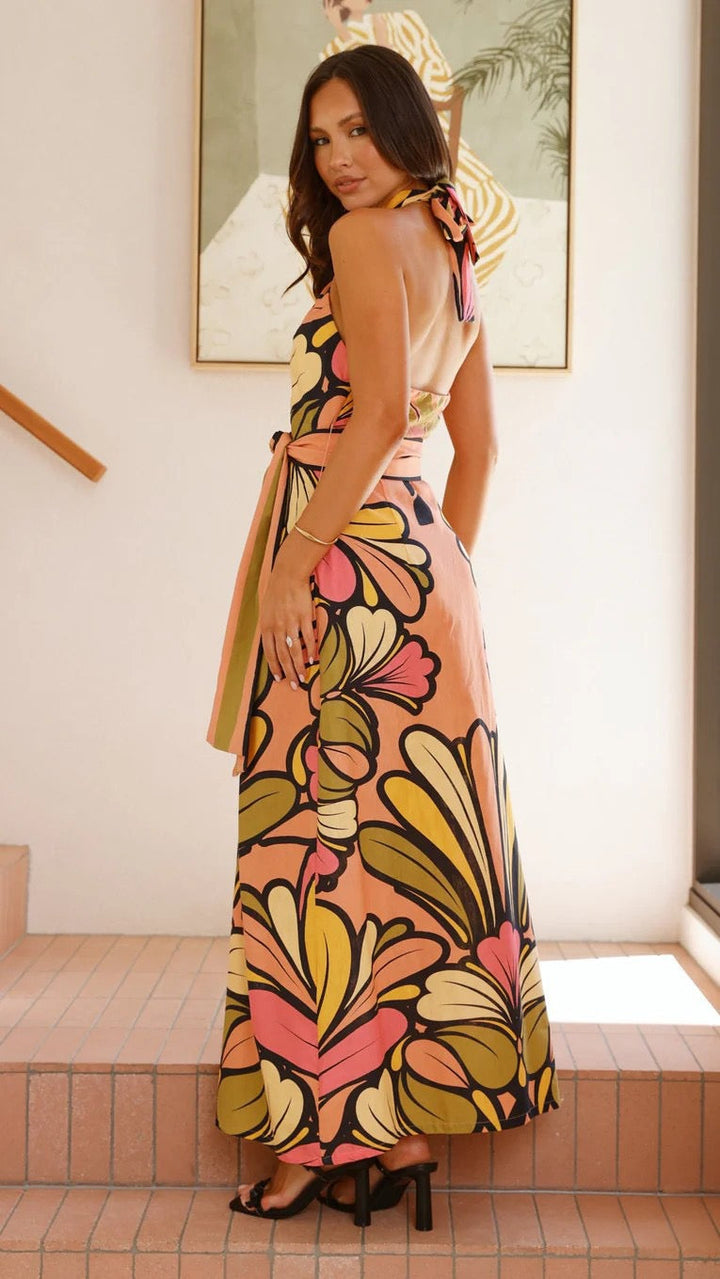 Nicole | Floral Halter Neck Sleeveless Maxi Dress