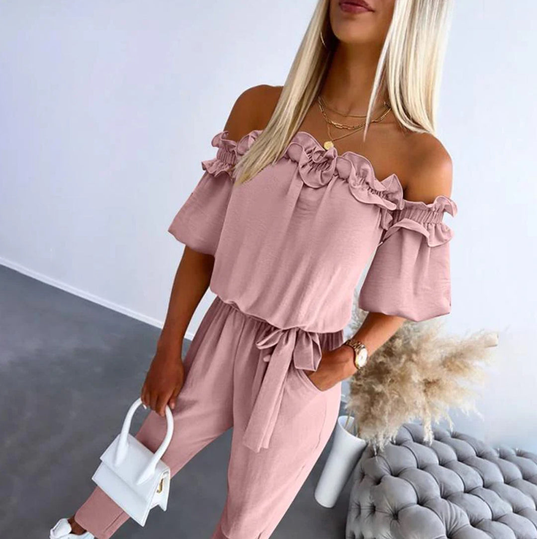 Francesca | Off-Shoulder Frill Tie-Waist Jumpsuit