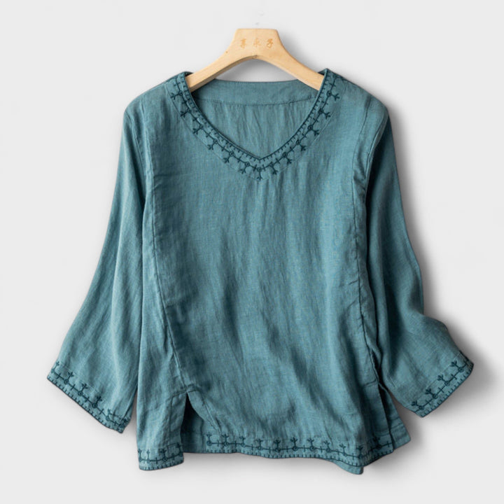Women 's Blouse with V-neck and embroidery
