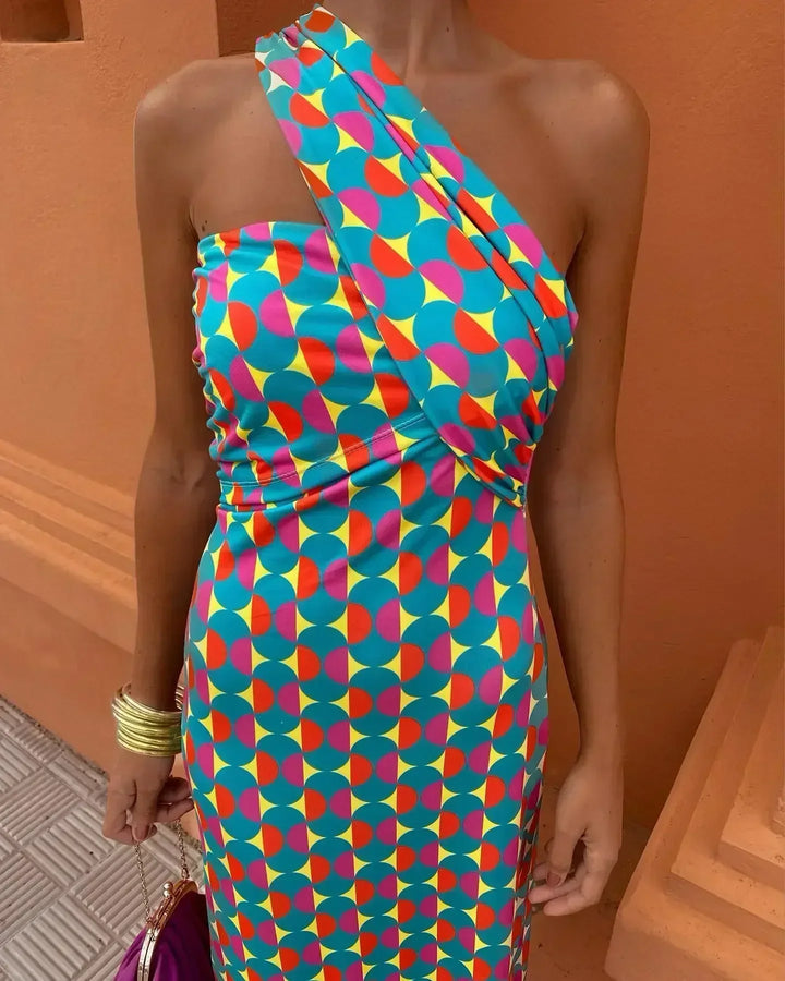 Alaia | Colorful Asymmetric Neckline Dress