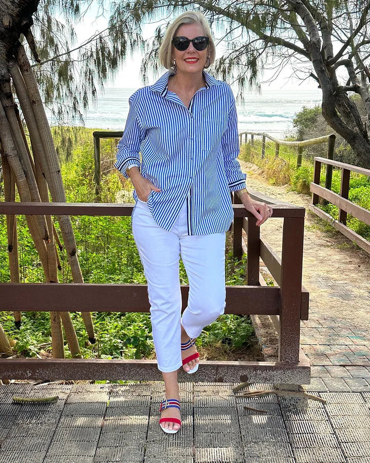 Rosie | Striped Button-Down Shirt With Flattering Tummy coverage