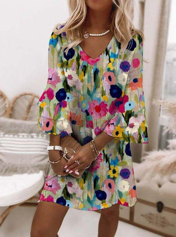 Layla | Romantic Floral Print V-Neck Mini Dress