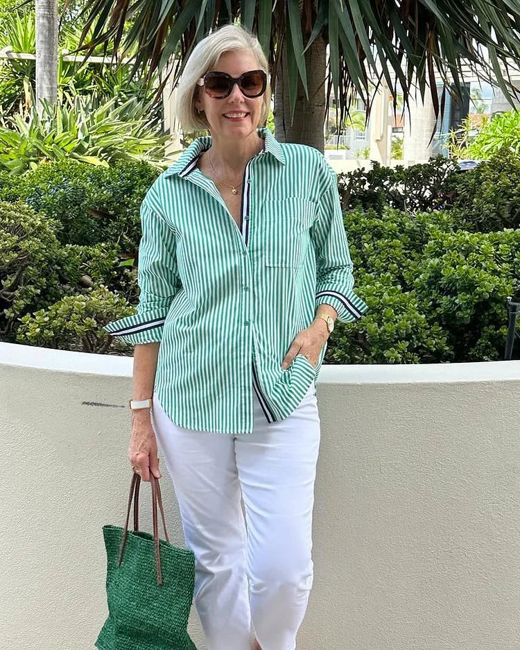 Rosie | Striped Button-Down Shirt With Flattering Tummy coverage
